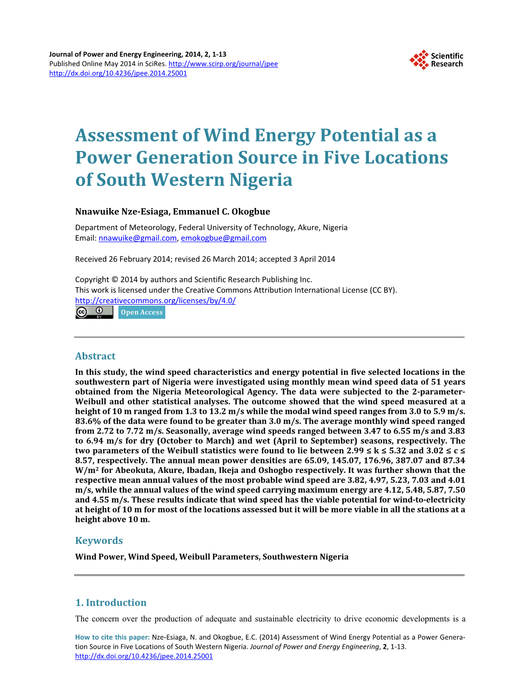 Assessment of Wind Energy Potential As a Power Generation Source in Five Locations of South Western Nigeria