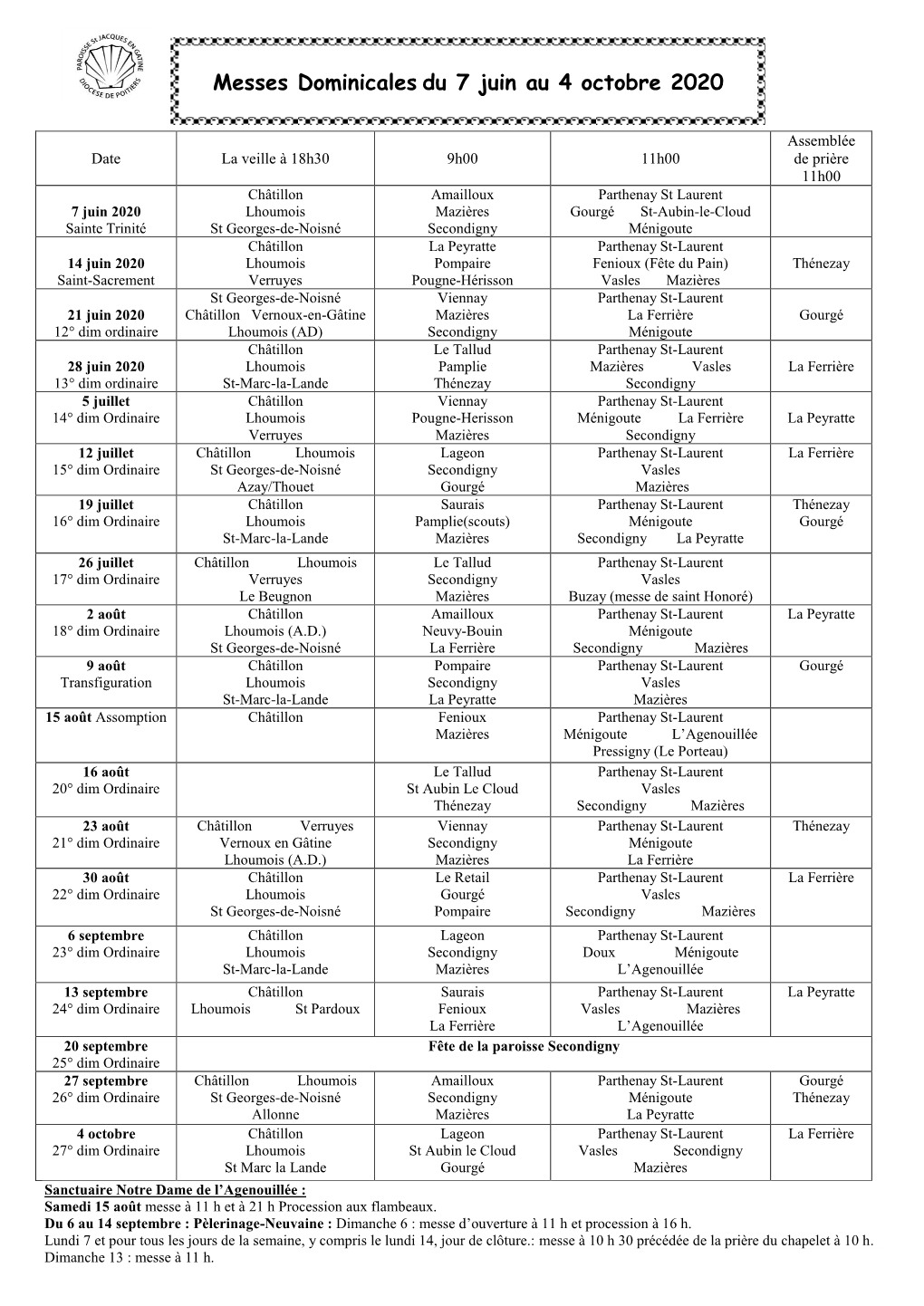 Messes Dominicales Du 7 Juin Au 4 Octobre 2020
