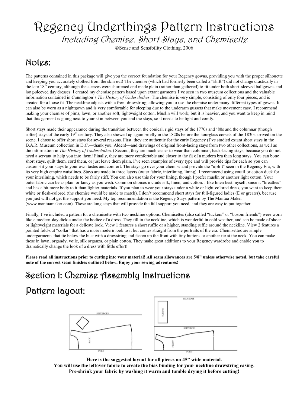 Regency Underthings Pattern Instructions Including Chemise, Short Stays, and Chemisette Sense and Sensibility Clothing, 2006
