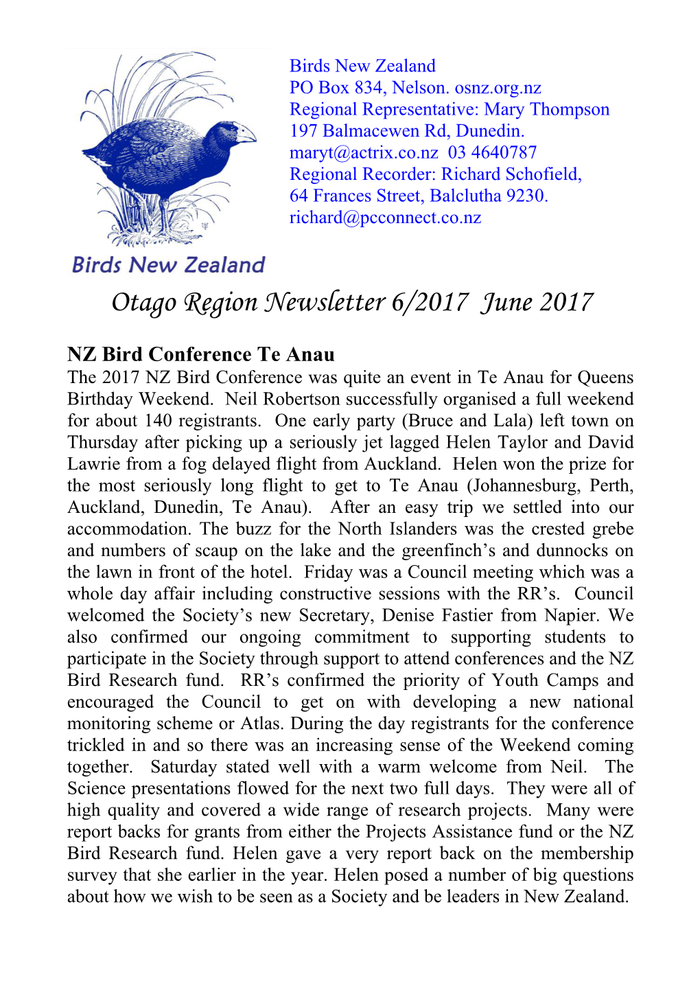 Otago Region Newsletter 6/2017 June 2017