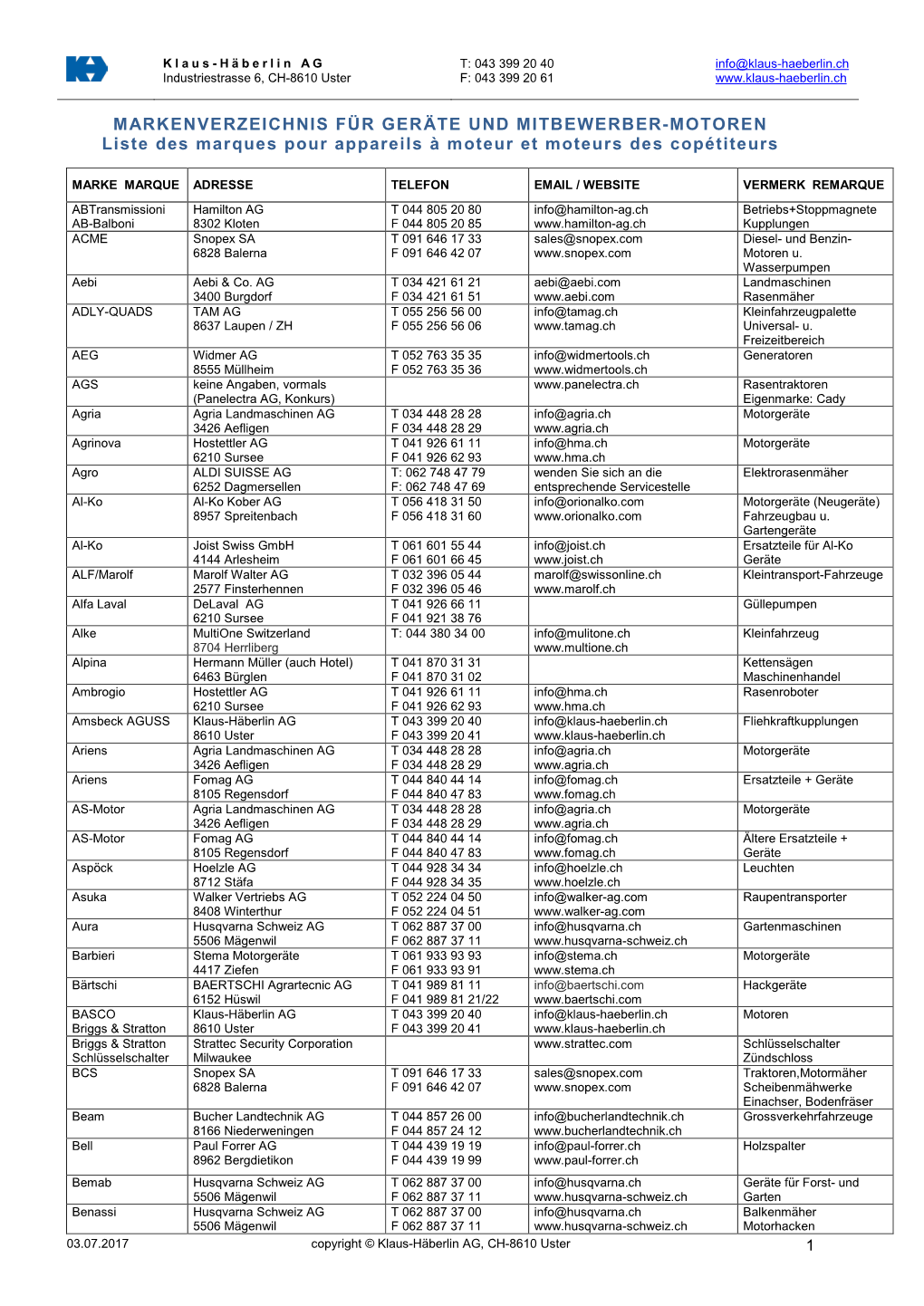 MARKENVERZEICHNIS FÜR GERÄTE UND MITBEWERBER-MOTOREN Liste Des Marques Pour Appareils À Moteur Et Moteurs Des Copétiteurs