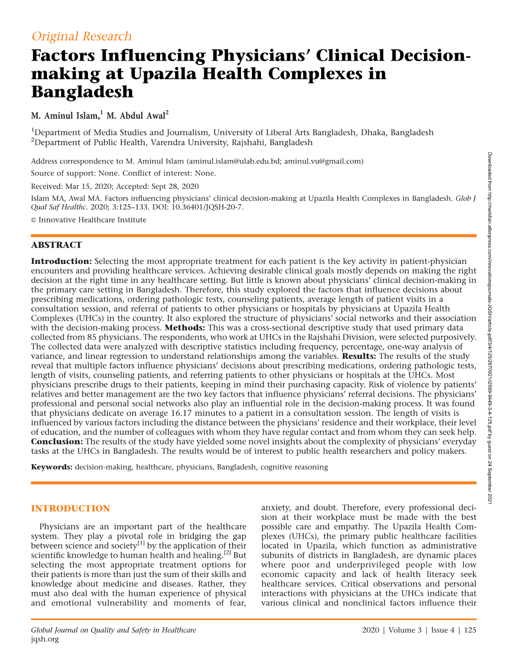 Factors Influencing Physicians' Clinical Decision