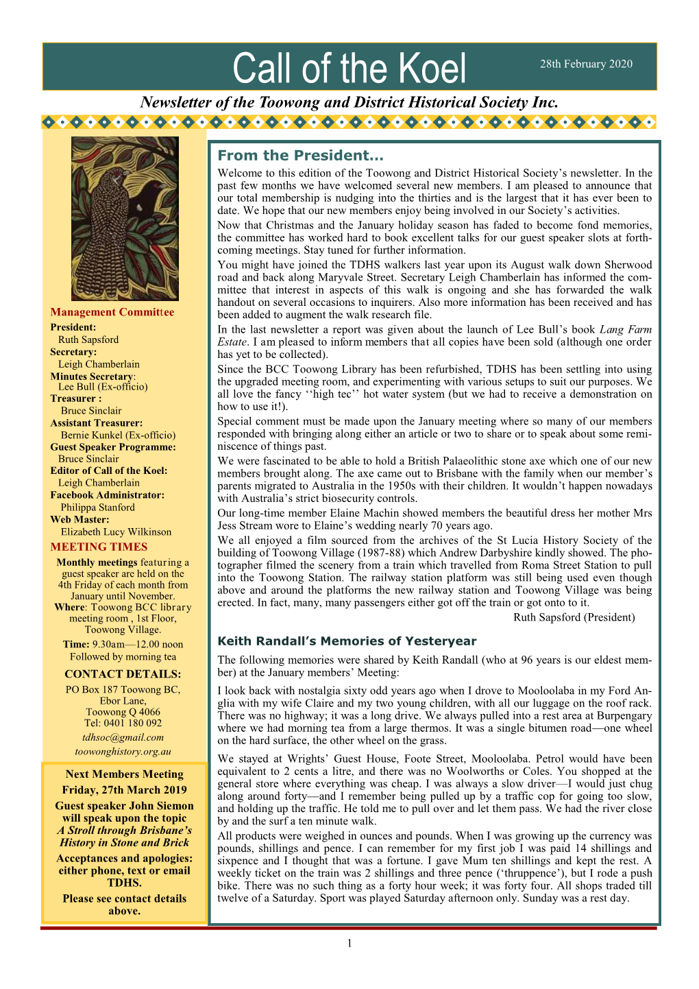 Call of the Koel February28th February 2013 2020 Newsletter of the Toowong and District Historical Society Inc