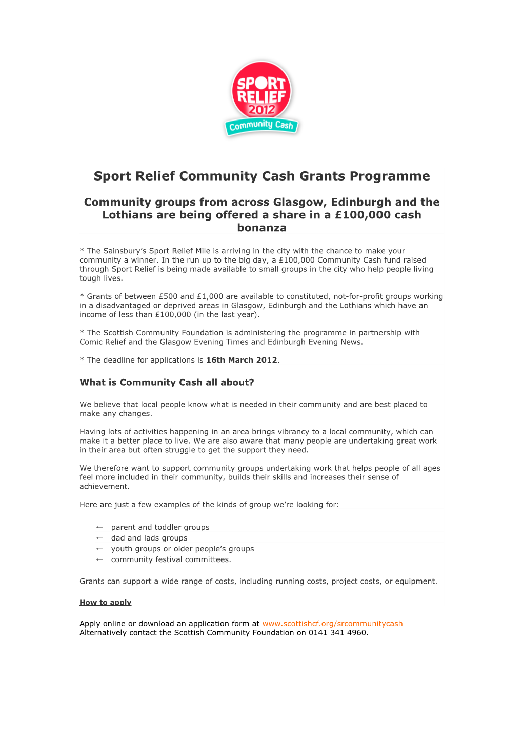 Sport Relief Community Cash Grants Programme