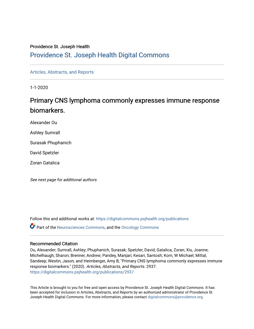 Primary CNS Lymphoma Commonly Expresses Immune Response Biomarkers