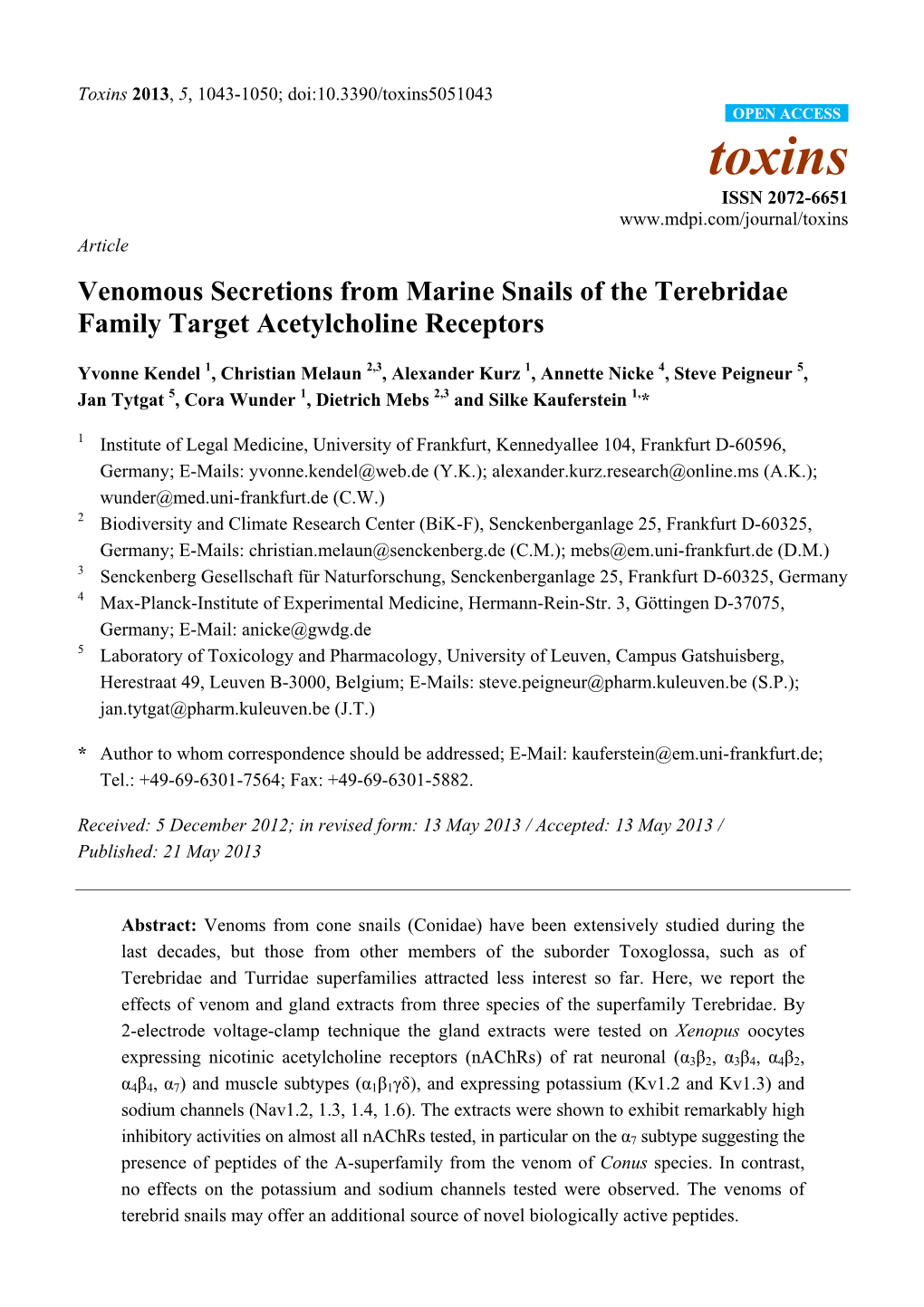 Venomous Secretions from Marine Snails of the Terebridae Family Target Acetylcholine Receptors