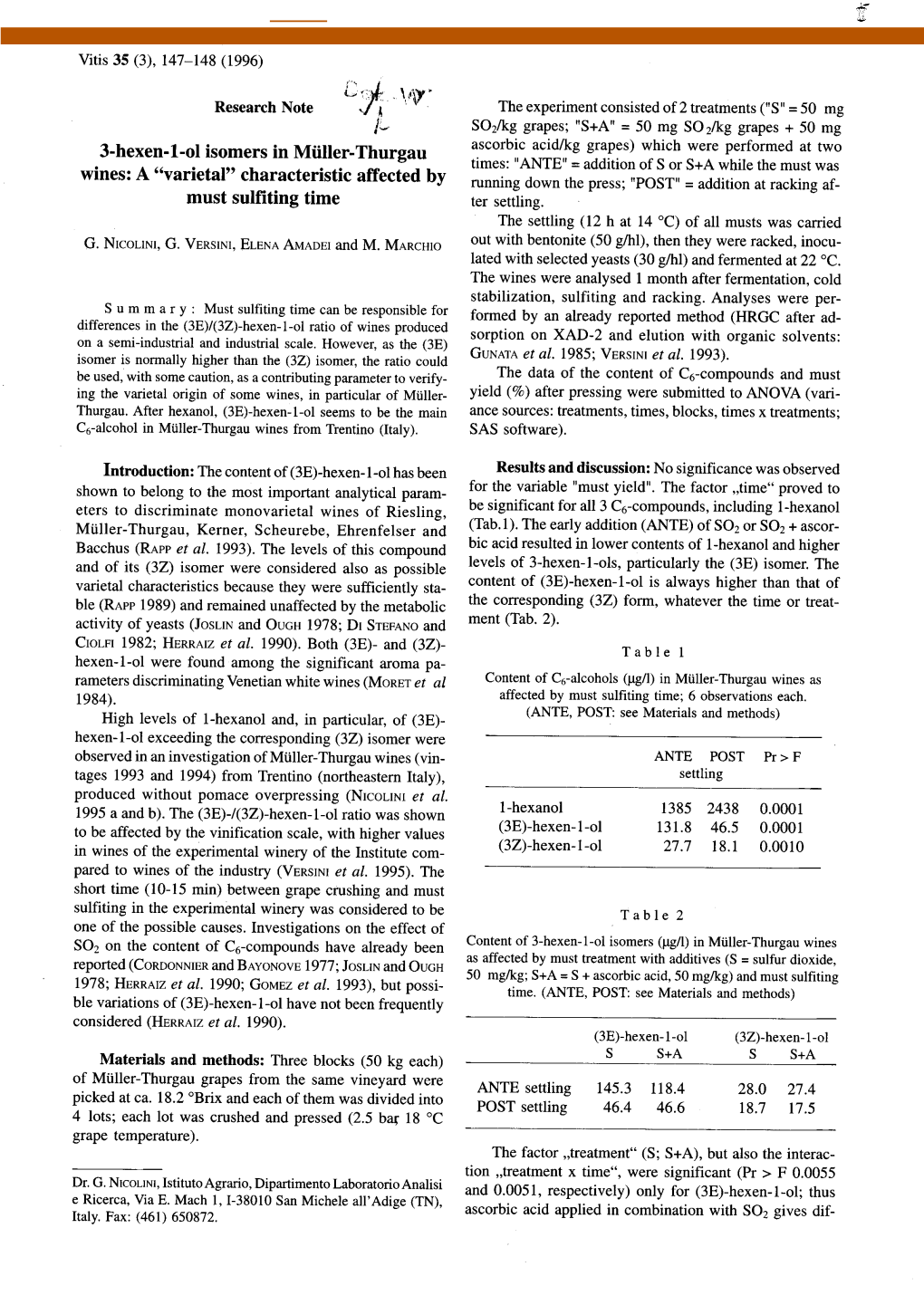 3-Hexen-L-Ol Isomers in Muller-Thurgau Wines: A