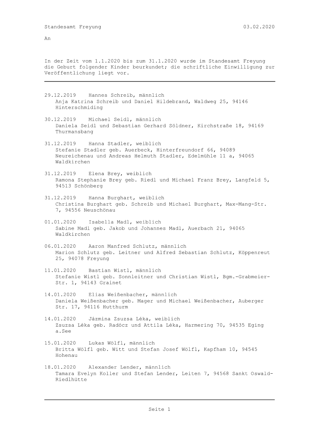 03.02.2020 Standesamt Freyung an in Der Zeit Vom 1.1.2020 Bis Zum 31.1.2020 Wurde Im Standesamt Freyung Die Geburt Folgender