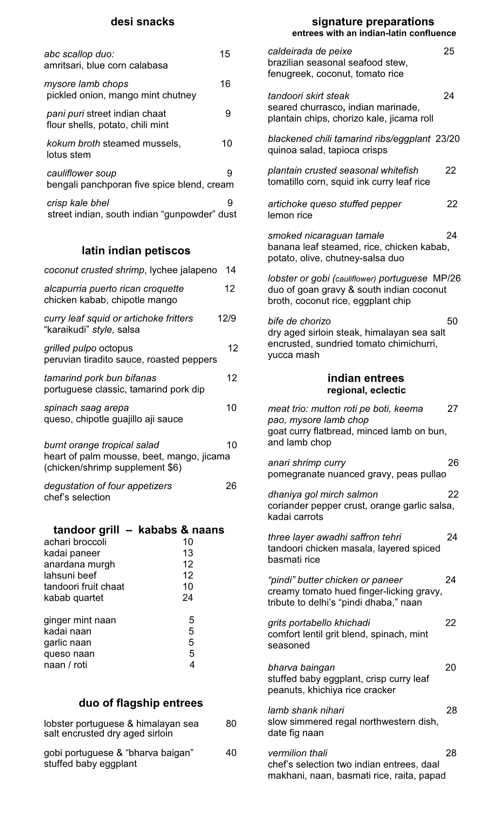 Dinner Menu / Vegetarian Menu