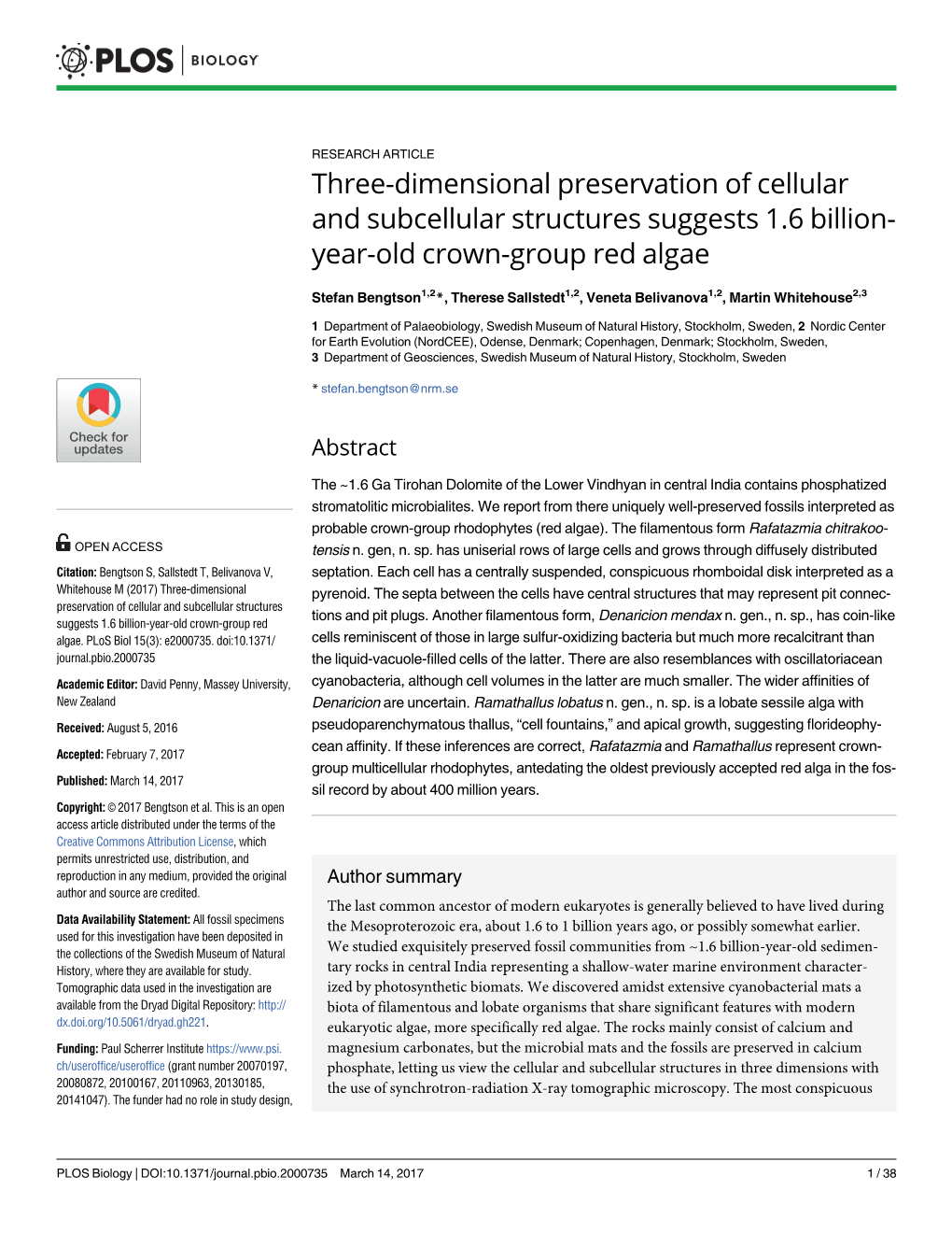 Three-Dimensional Preservation of Cellular and Subcellular Structures Suggests 1.6 Billion- Year-Old Crown-Group Red Algae