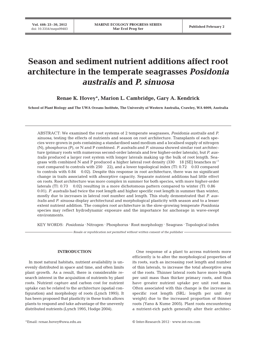 Season and Sediment Nutrient Additions Affect Root Architecture in the Temperate Seagrasses Posidonia Australis and P