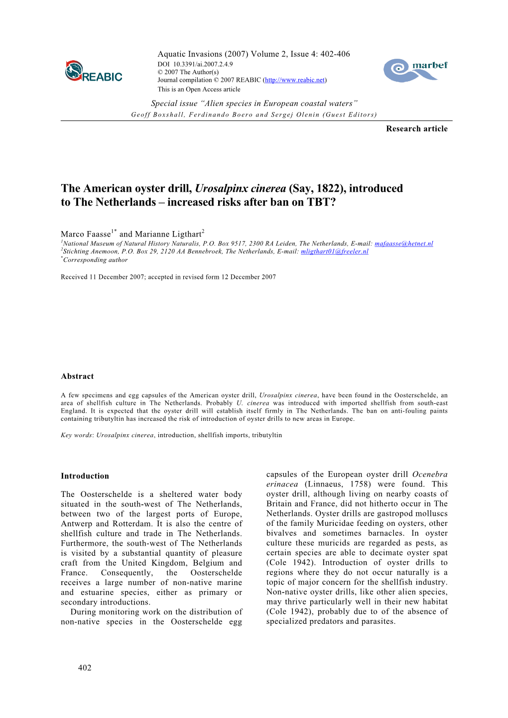 The American Oyster Drill, Urosalpinx Cinerea (Say, 1822), Introduced to the Netherlands – Increased Risks After Ban on TBT?