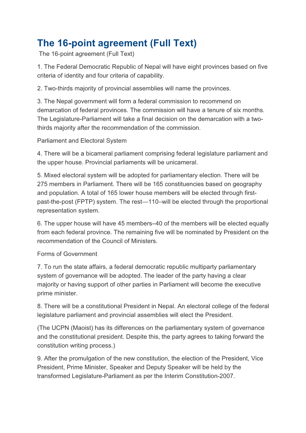 The 16-Point Agreement (Full Text) the 16-Point Agreement (Full Text)