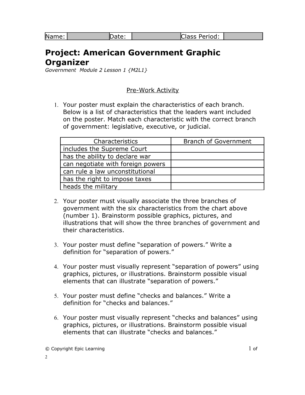 Project: American Government Graphic Organizer