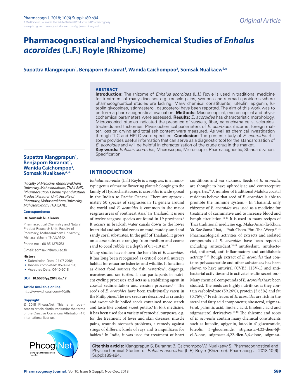 Pharmacognostical and Physicochemical Studies of Enhalus Acoroides (L.F.) Royle (Rhizome)