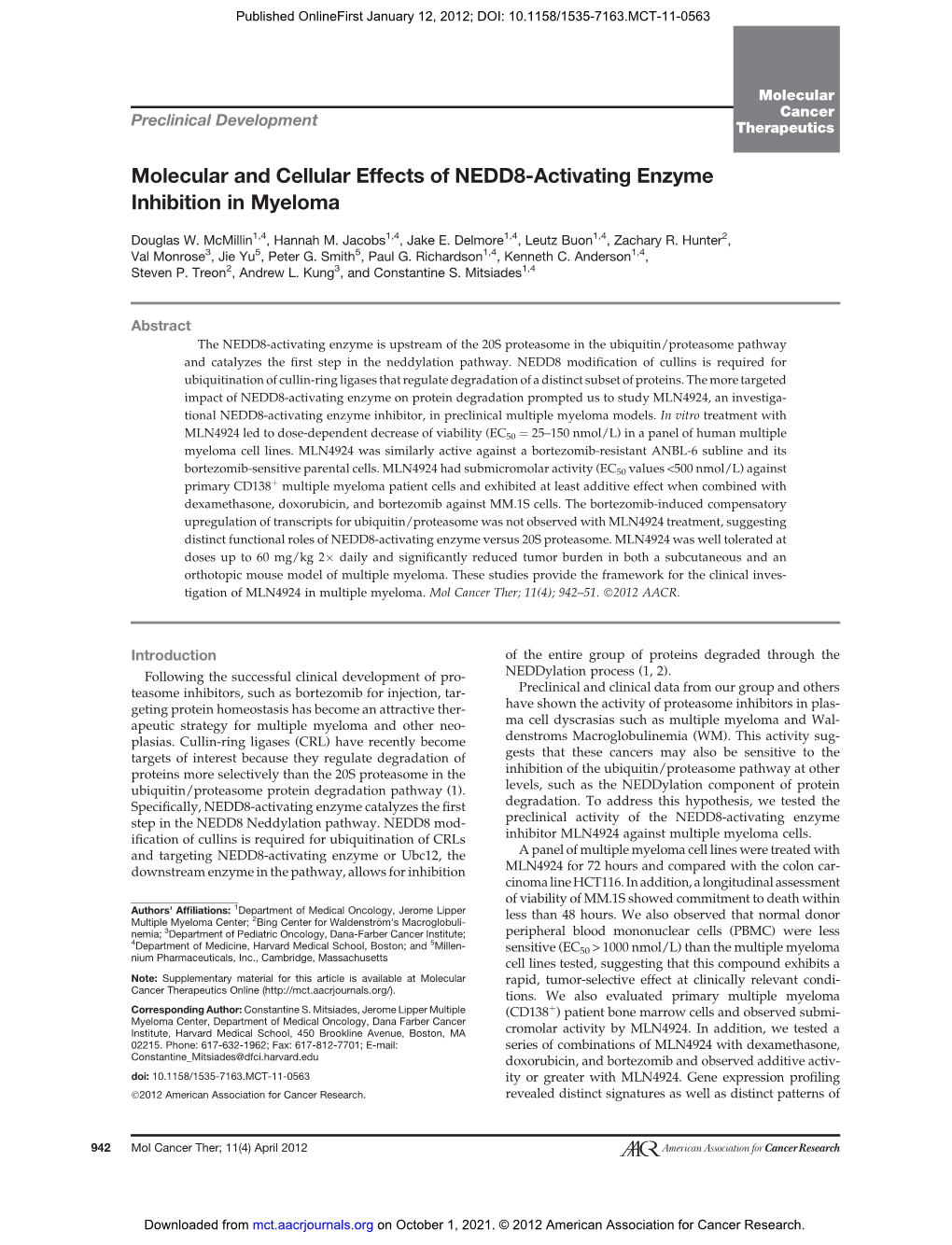 Molecular and Cellular Effects of NEDD8-Activating Enzyme Inhibition in Myeloma