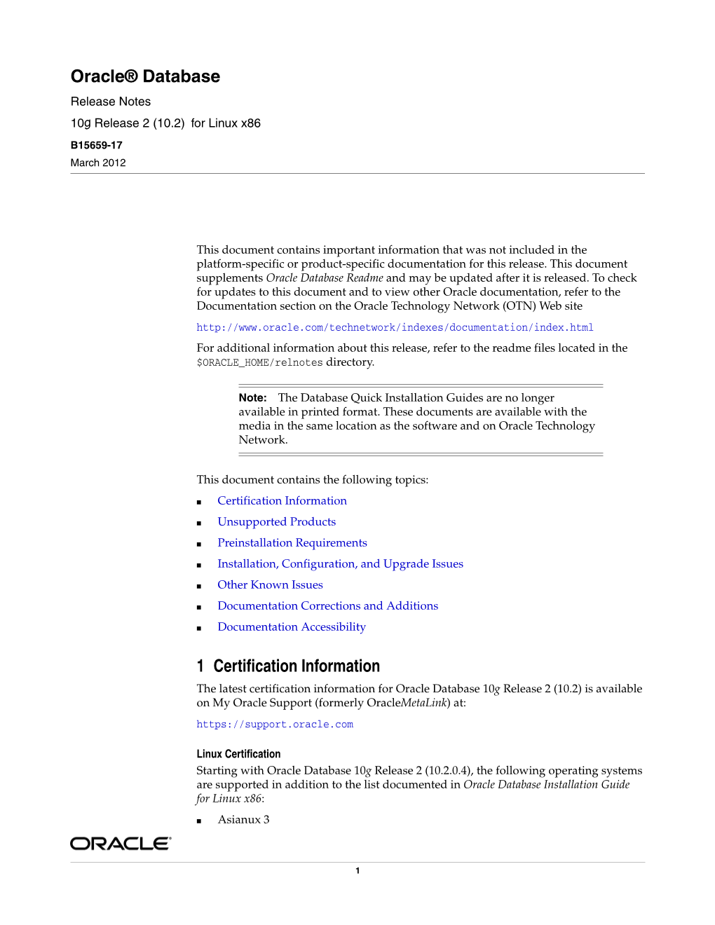 Oracle® Database 1 Certification Information