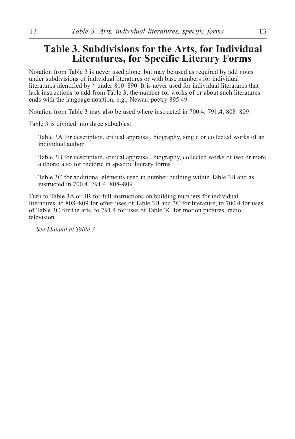 Table 3. Subdivisions for the Arts, for Individual Literatures, for Specific