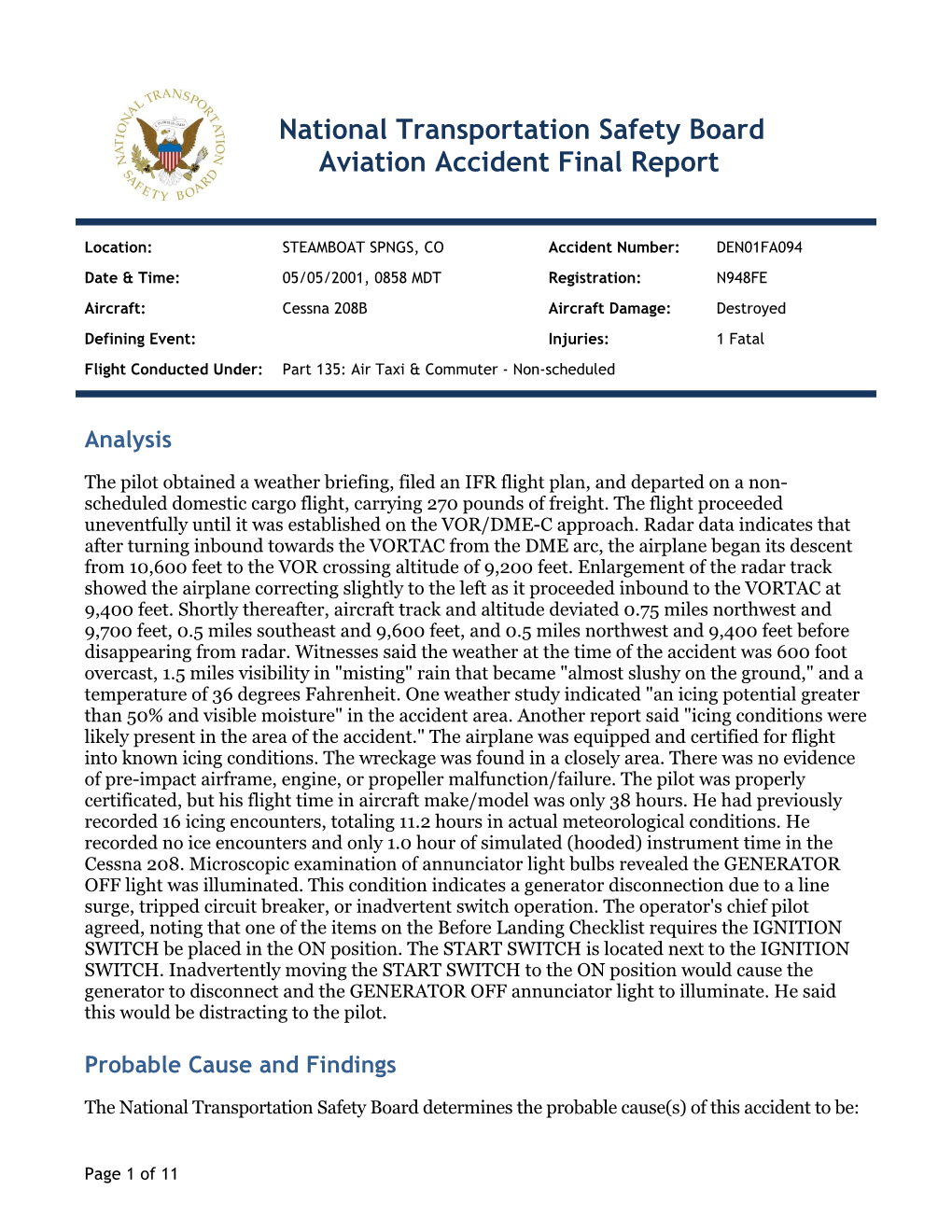 National Transportation Safety Board Aviation Accident Final Report