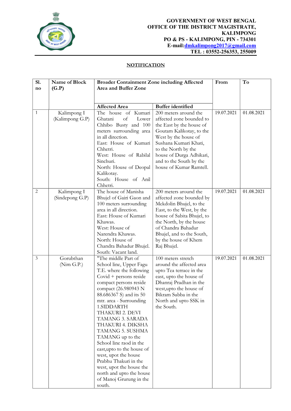 GOVERNMENT of WEST BENGAL OFFICE of the DISTRICT MAGISTRATE, KALIMPONG PO & PS - KALIMPONG, PIN - 734301 E-Mail:Dmkalimpong2017@Gmail.Com TEL : 03552-256353, 255009