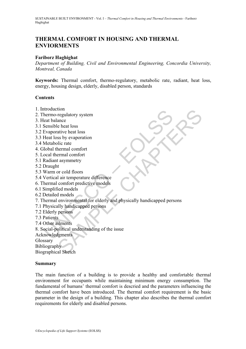 Thermal Comfort in Housing and Thermal Environments - Fariborz Haghighat