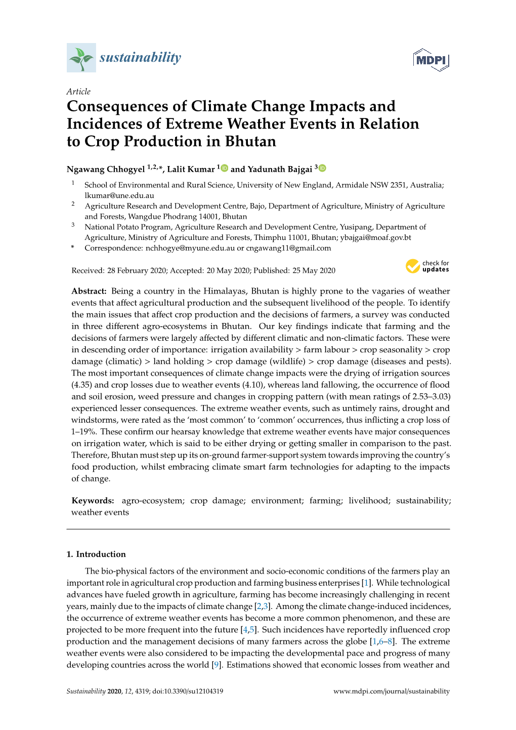 Consequences of Climate Change Impacts and Incidences of Extreme Weather Events in Relation to Crop Production in Bhutan