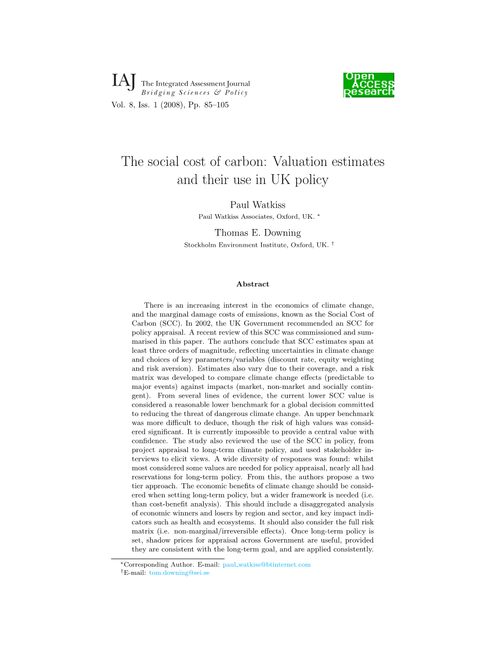 The Social Cost of Carbon: Valuation Estimates and Their Use in UK Policy