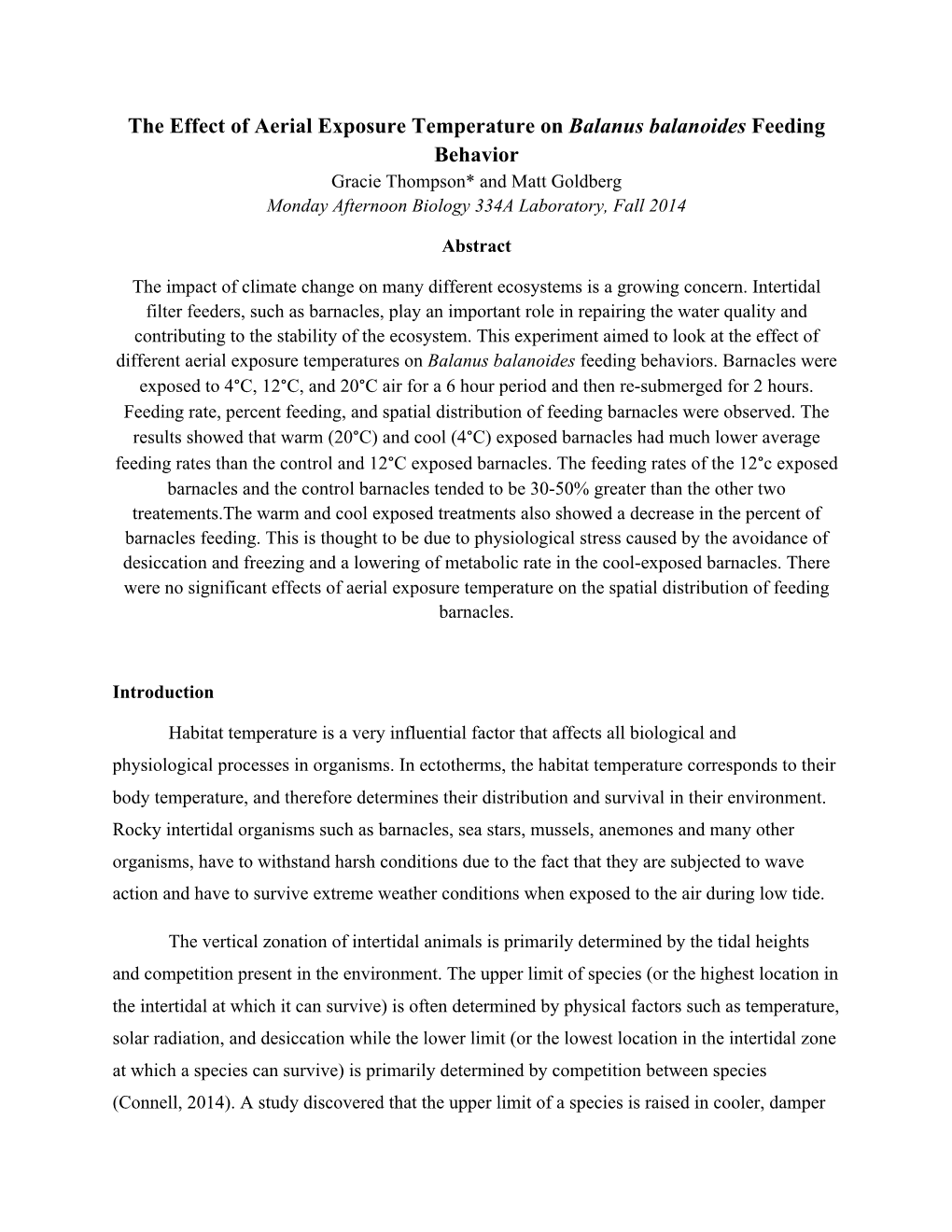 The Effect of Aerial Exposure Temperature on Balanus Balanoides Feeding Behavior