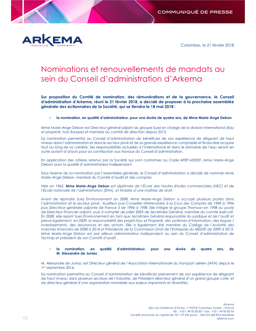 20180221 Nomination MA. Debon Et A. De Juniac Au Conseil D'arkema