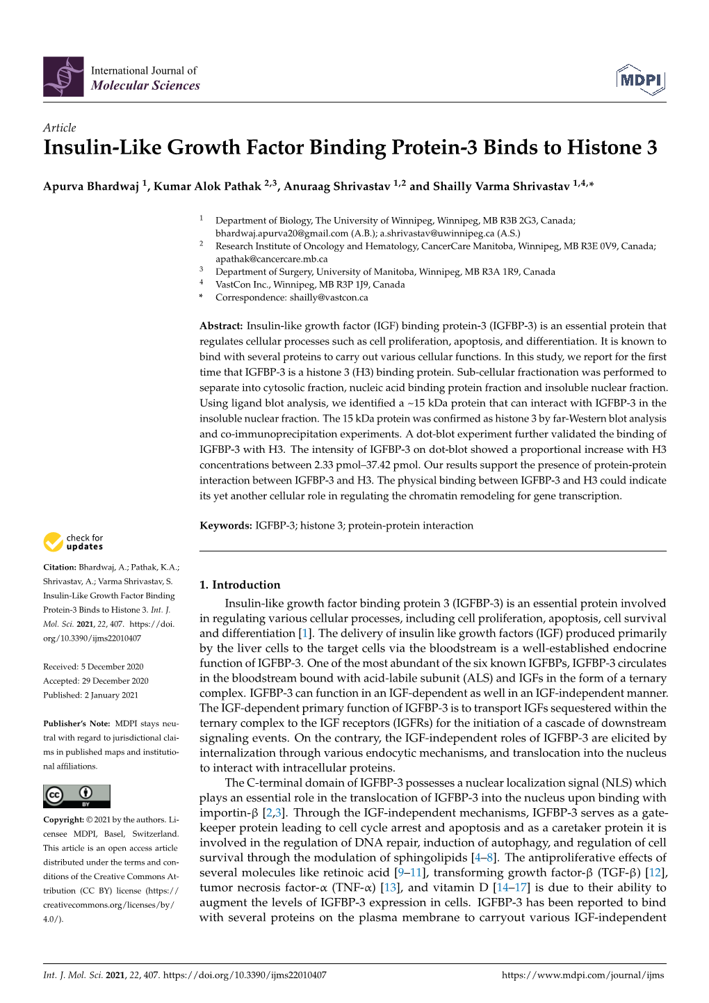 Insulin-Like Growth Factor Binding Protein-3 Binds to Histone 3