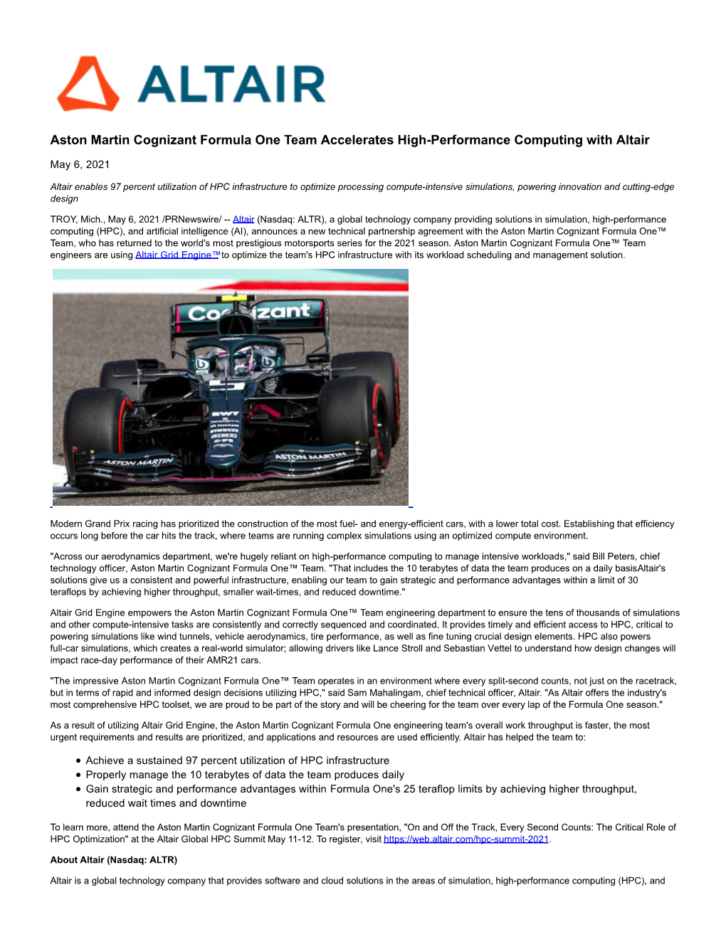 Aston Martin Cognizant Formula One Team Accelerates High-Performance Computing with Altair