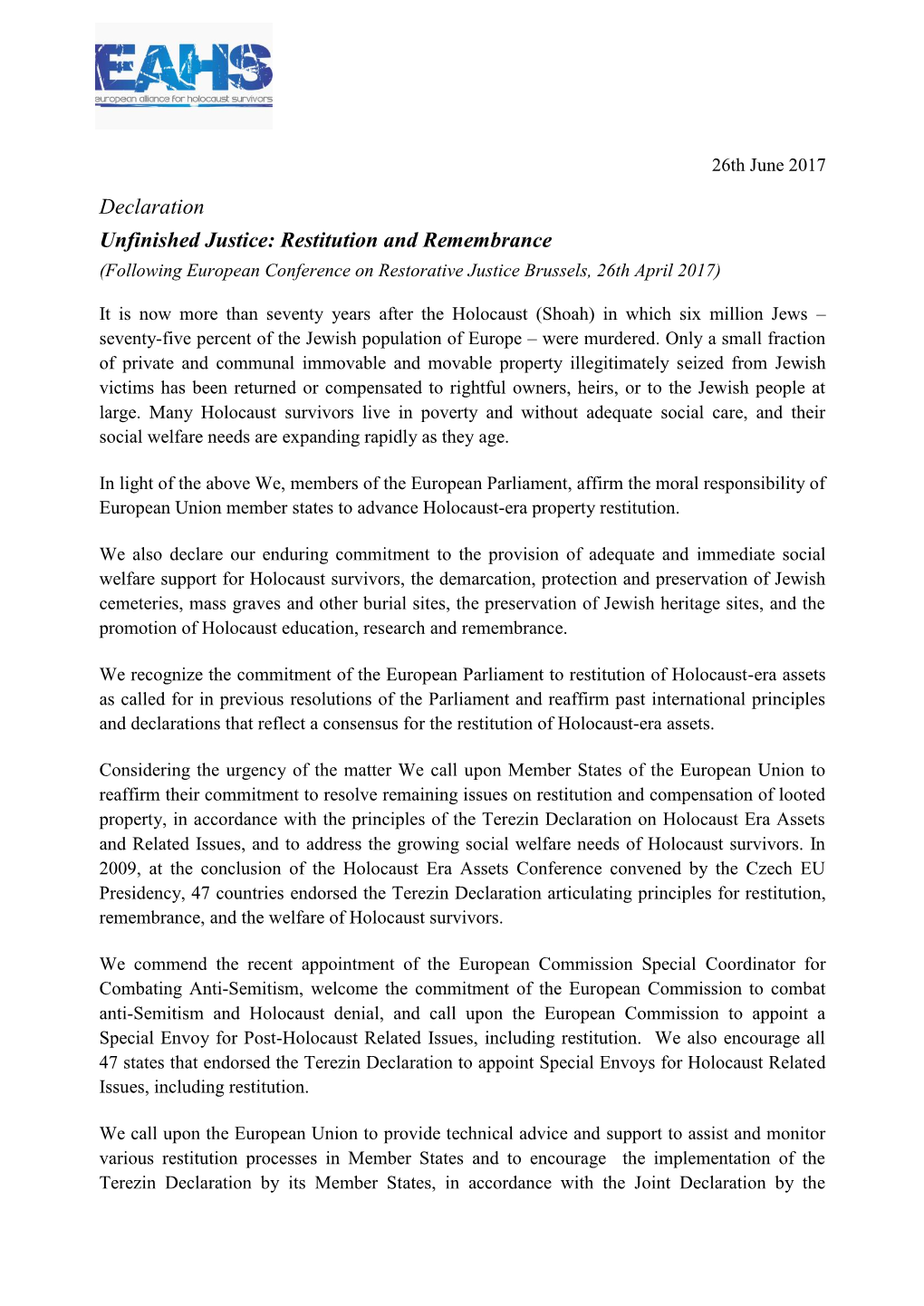 Declaration Unfinished Justice: Restitution and Remembrance (Following European Conference on Restorative Justice Brussels, 26Th April 2017)