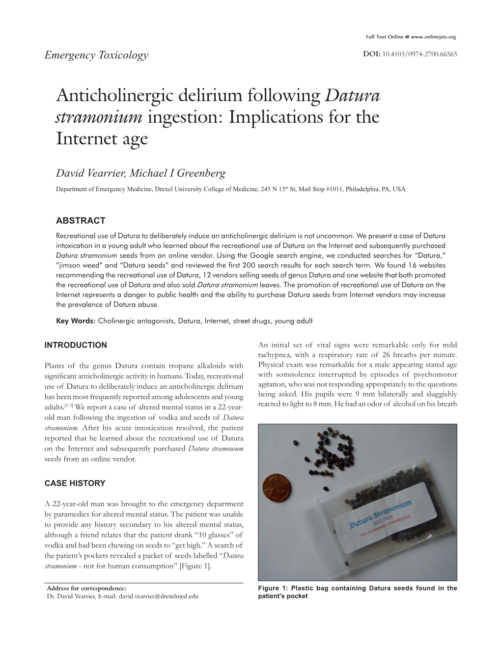 Anticholinergic Delirium Following Datura Stramonium Ingestion: Implications for the Internet Age