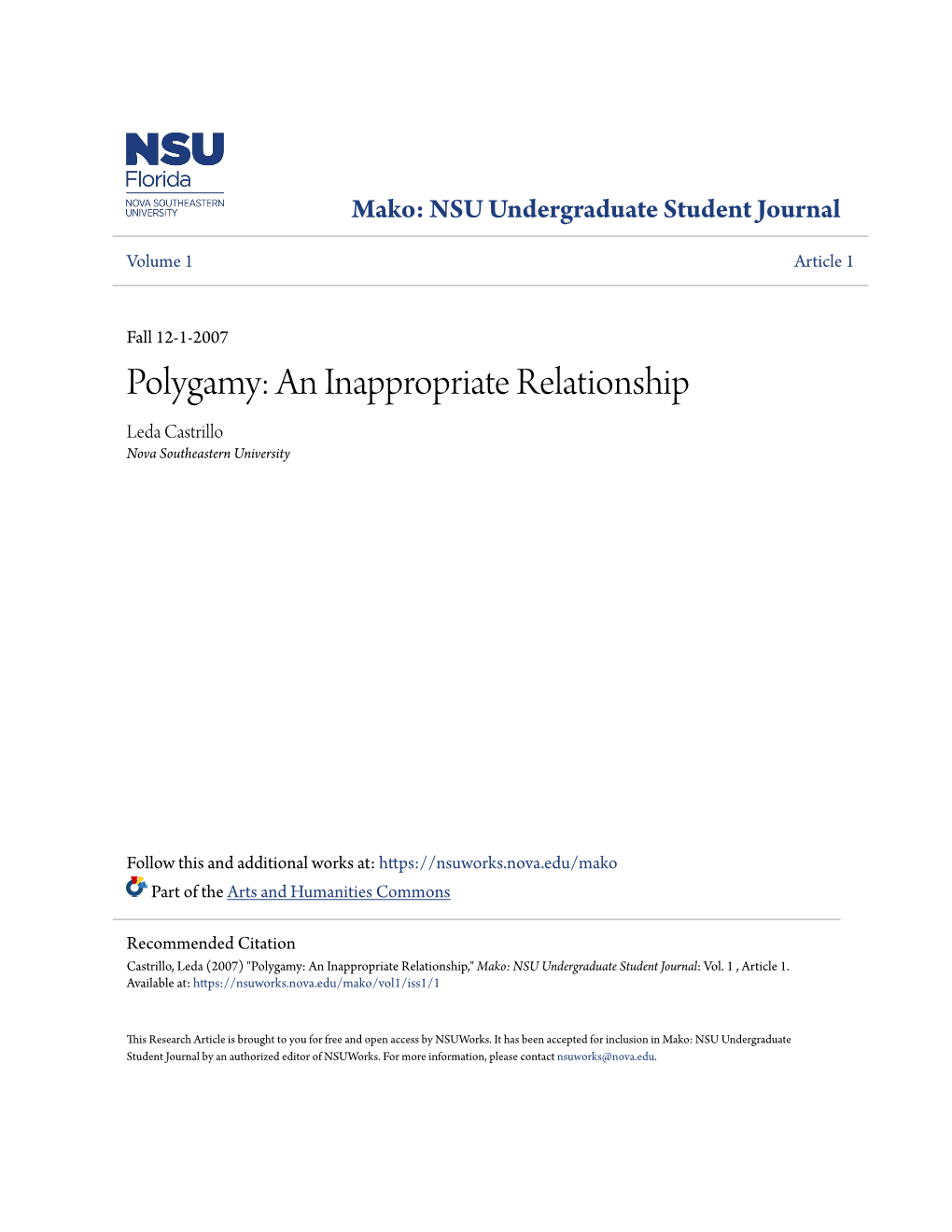 Polygamy: an Inappropriate Relationship Leda Castrillo Nova Southeastern University