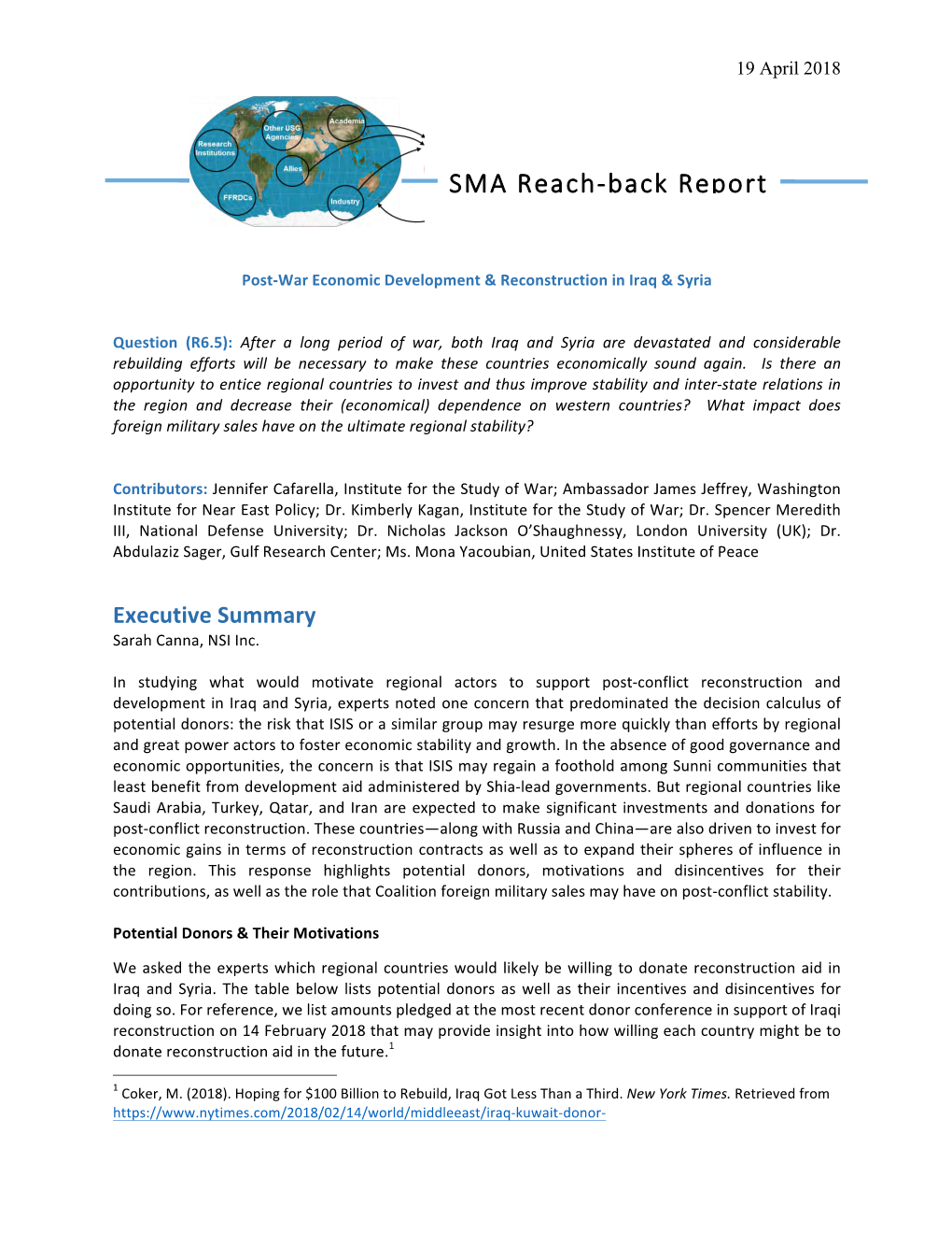 SMA Reach-Back Report