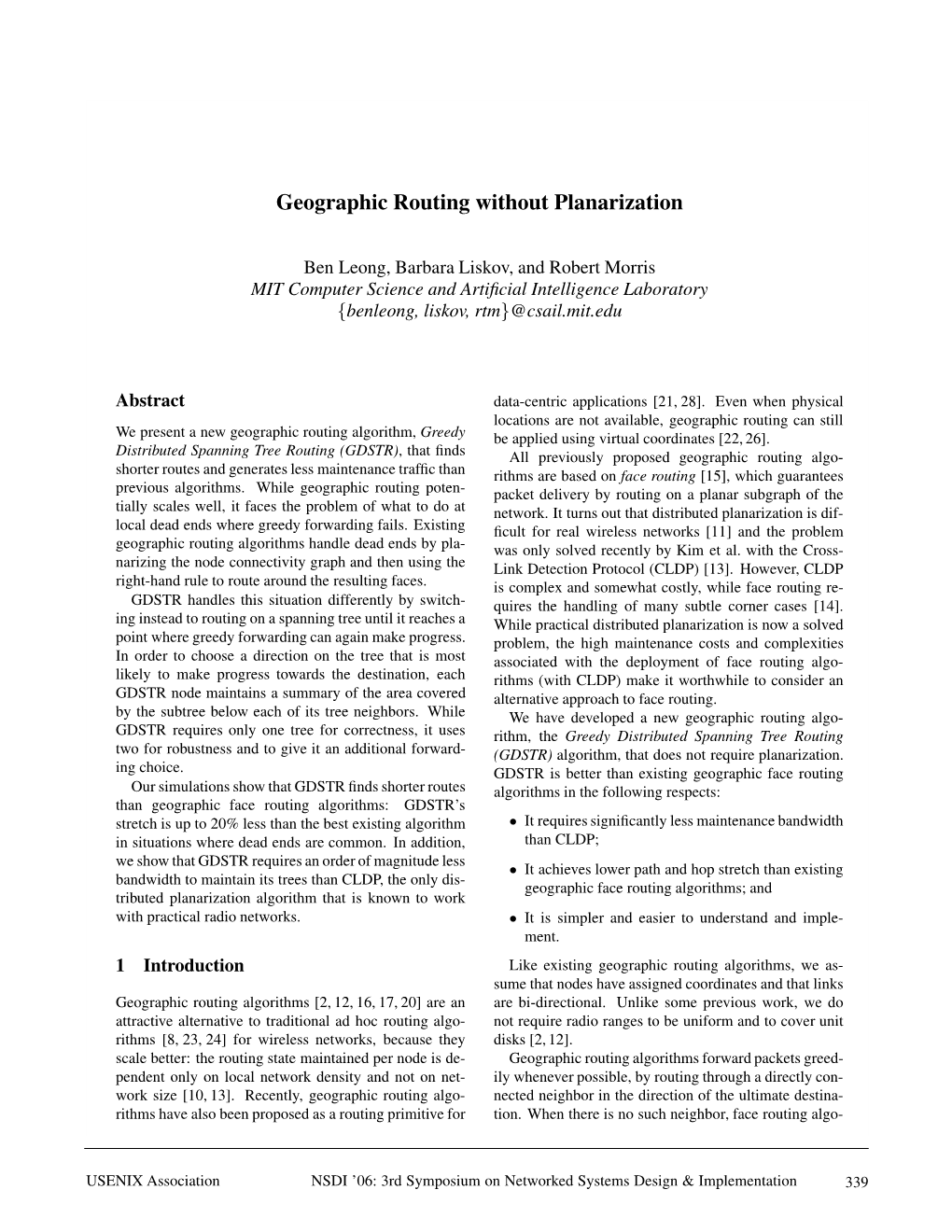 Geographic Routing Without Planarization