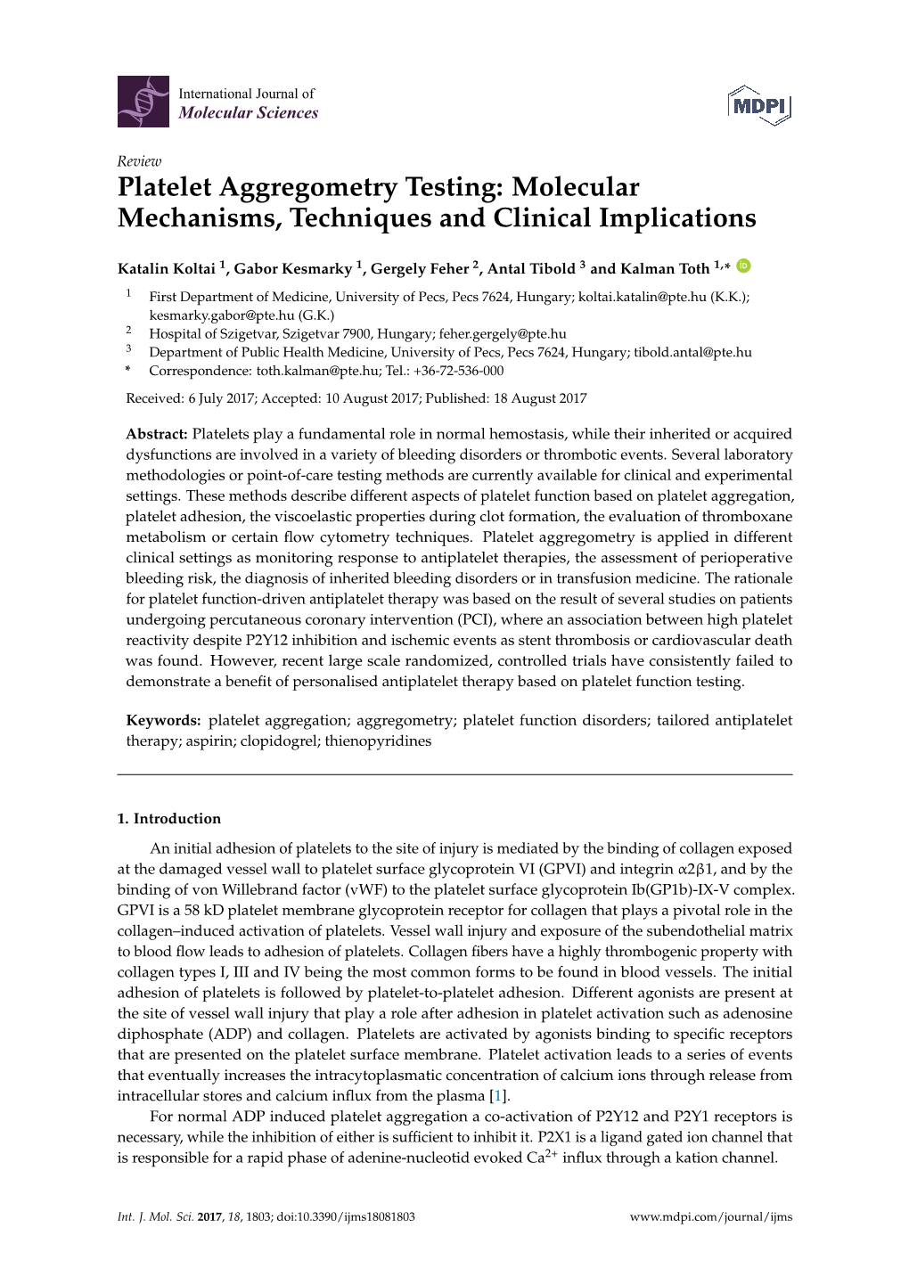 Platelet Aggregometry Testing: Molecular Mechanisms, Techniques and Clinical Implications