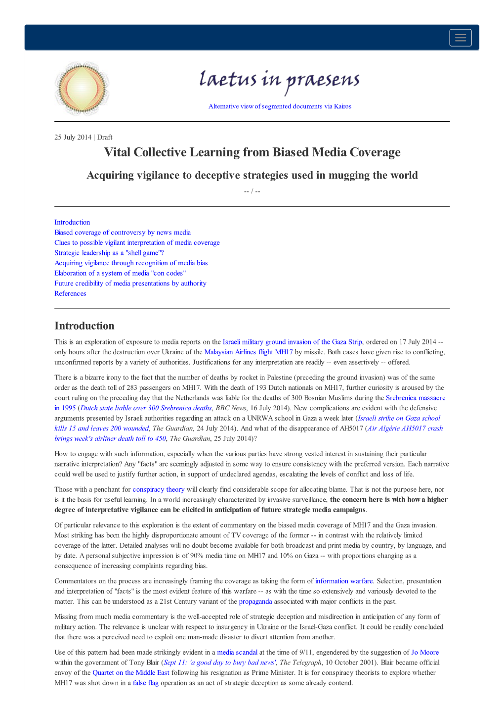 Vital Collective Learning from Biased Media Coverage Acquiring Vigilance to Deceptive Strategies Used in Mugging the World -- /