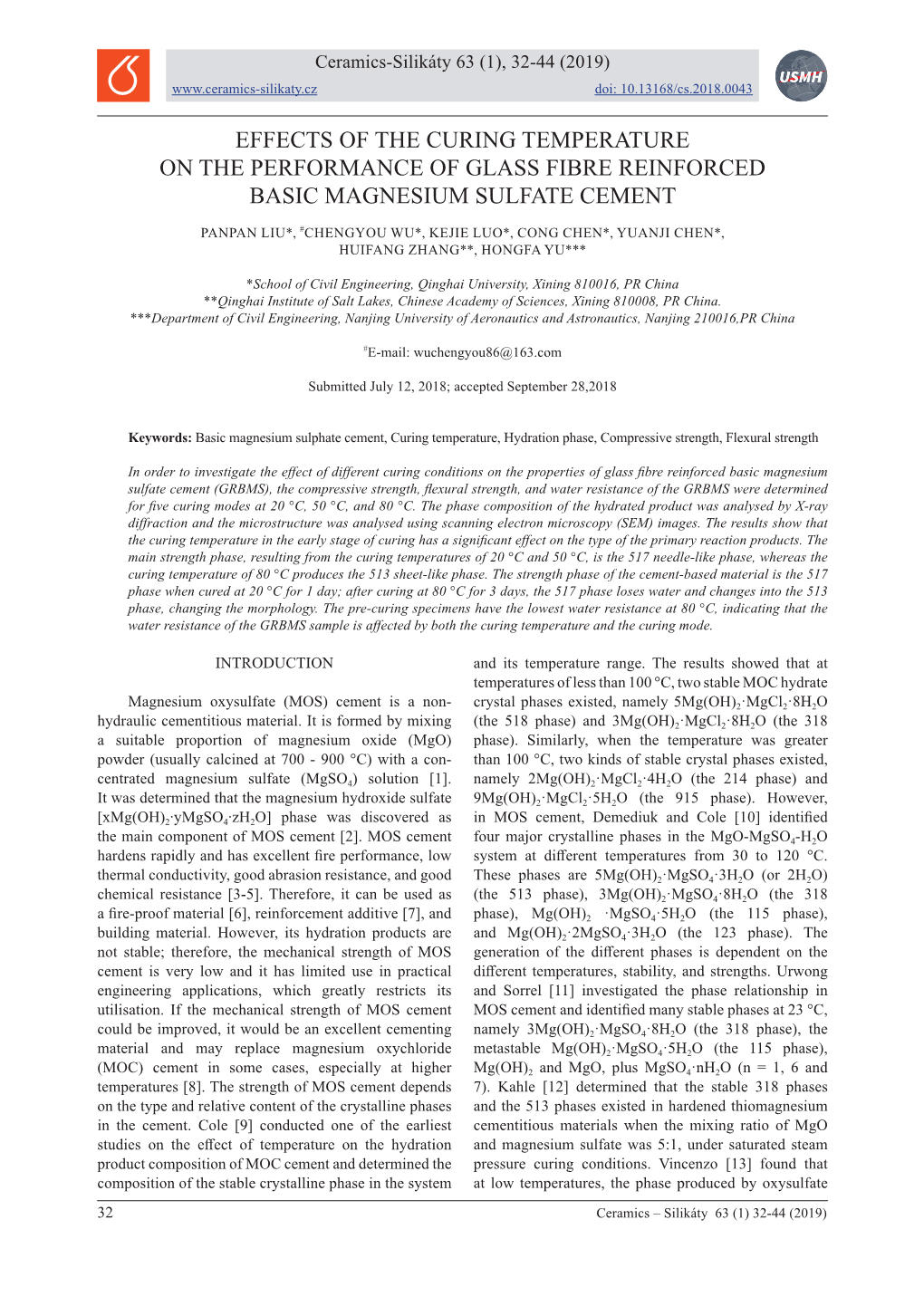 Effects of the Curing Temperature on the Performance of Glass Fibre Reinforced Basic Magnesium Sulfate Cement