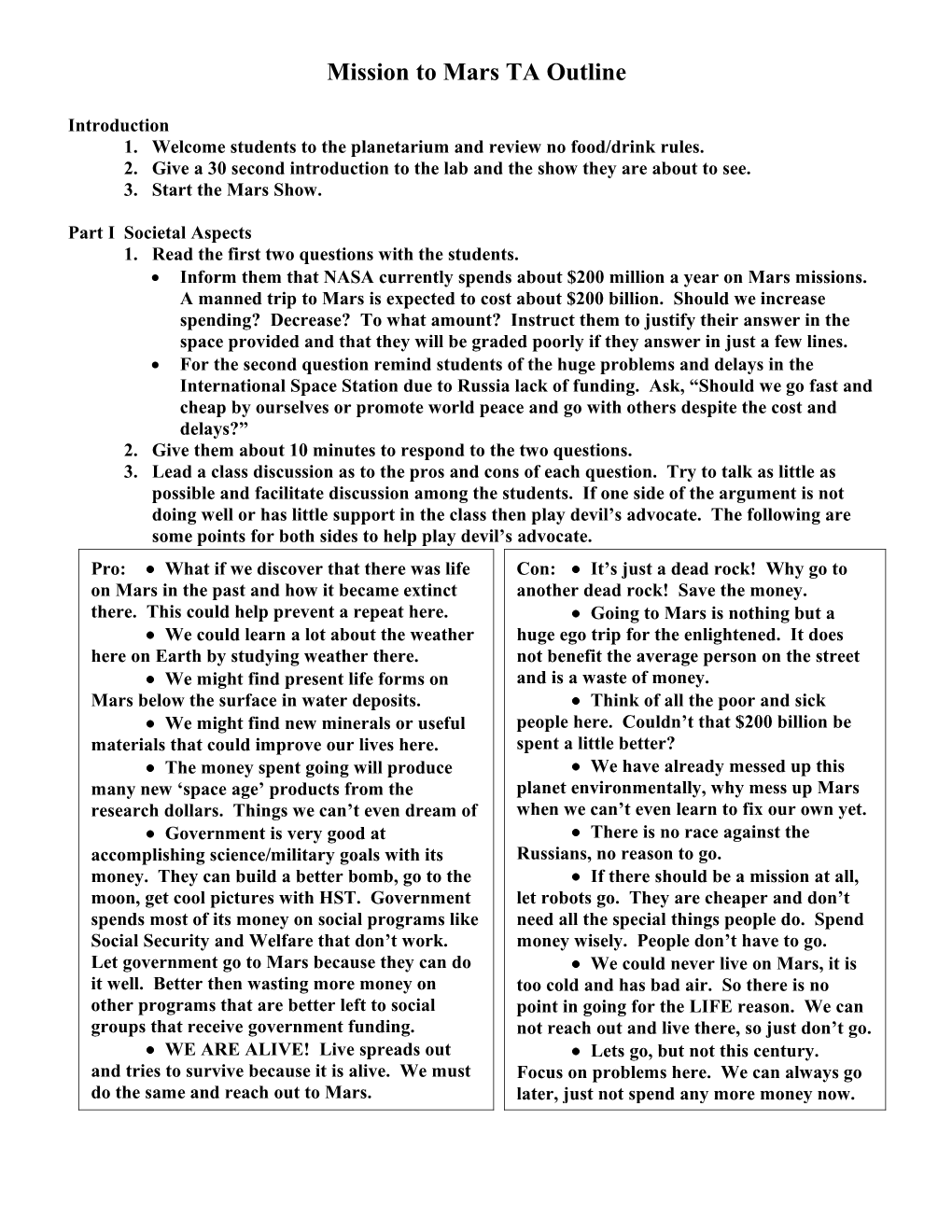 Mission to Mars TA Outline