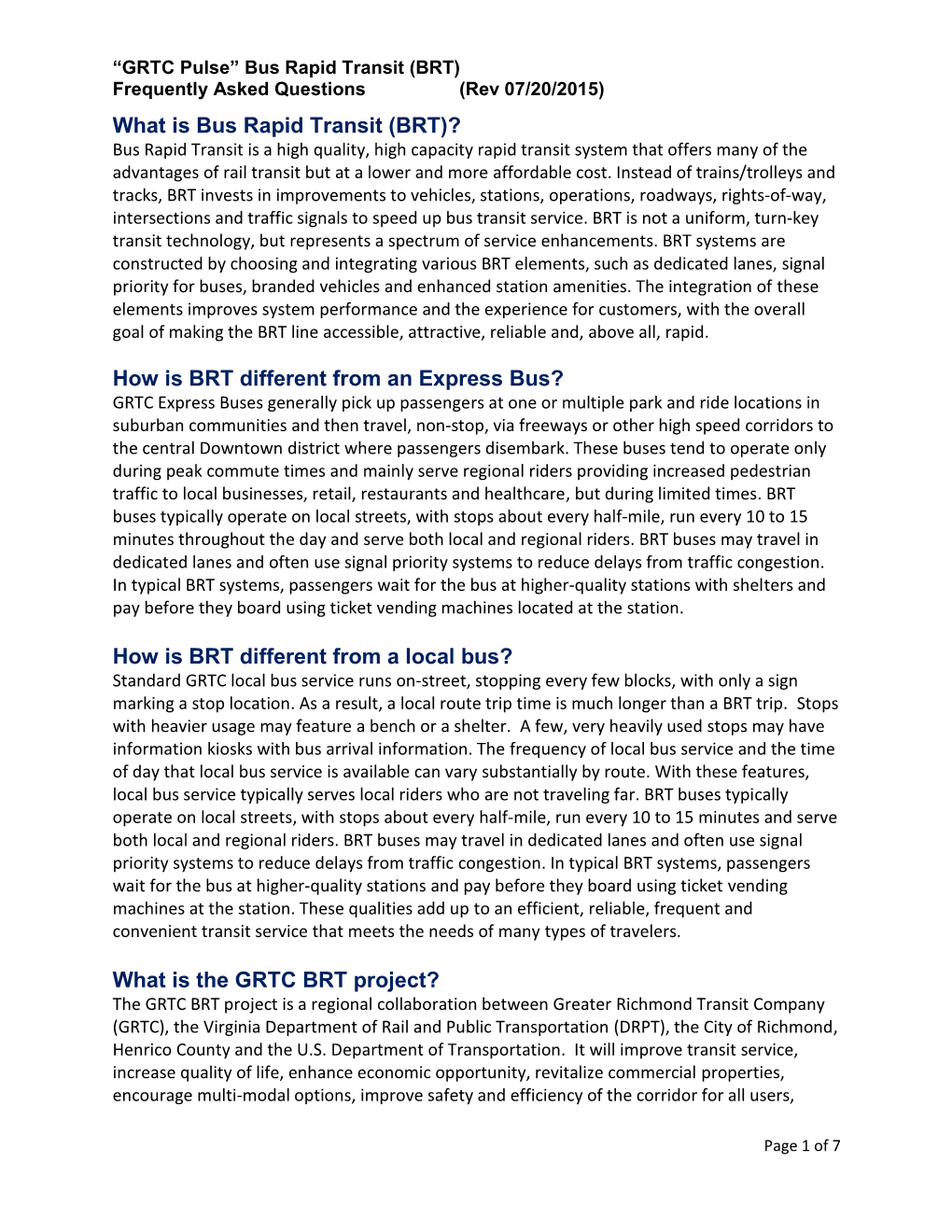 “GRTC Pulse” Bus Rapid Transit (BRT) Frequently Asked Questions