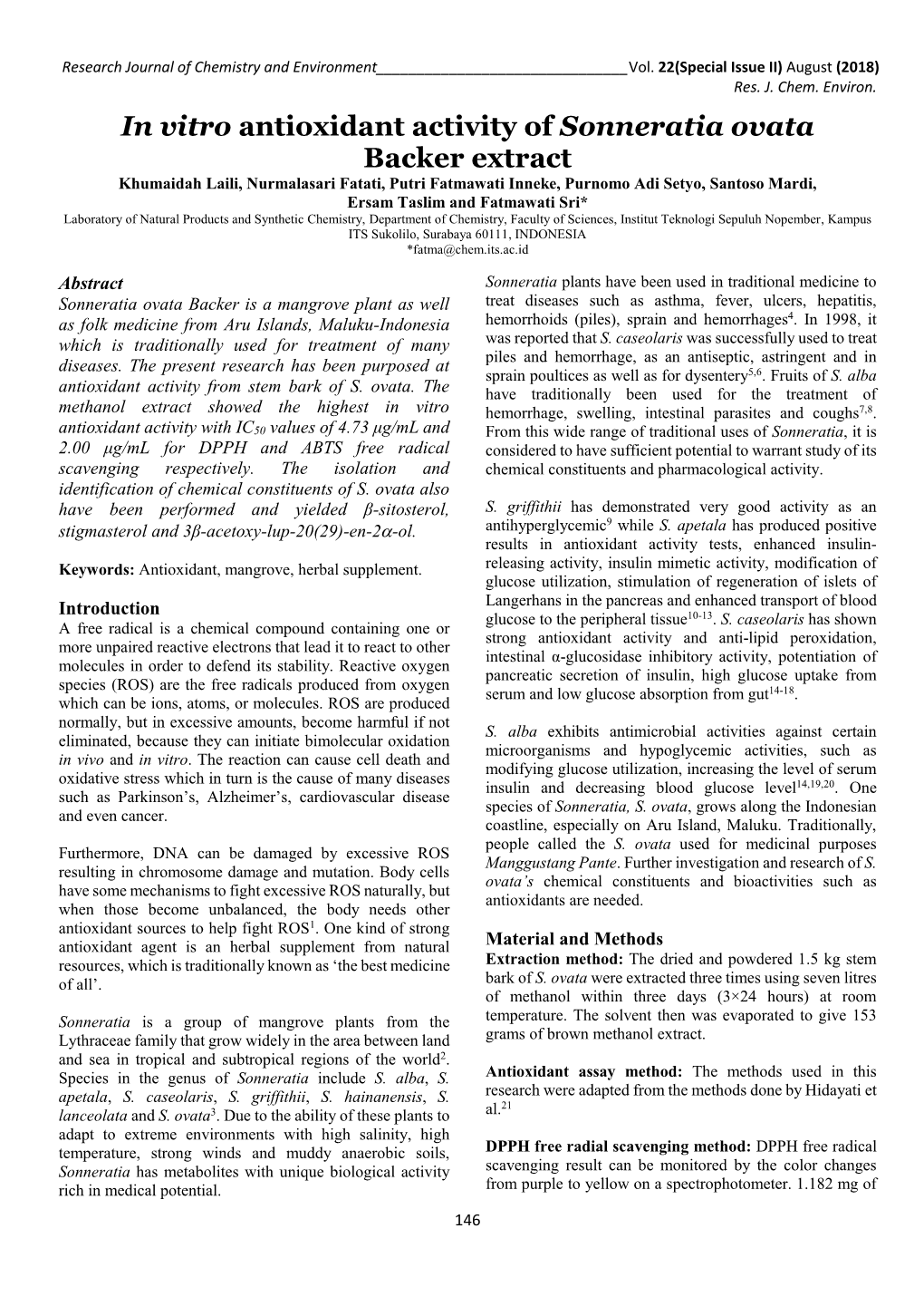 In Vitro Antioxidant Activity of Sonneratia Ovata Backer Extract