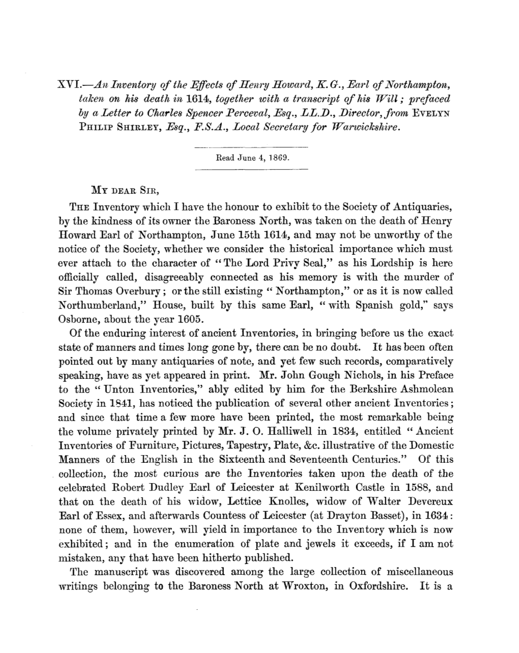 An Inventory of the Effects of Henry Howard, KG, Jearl Of