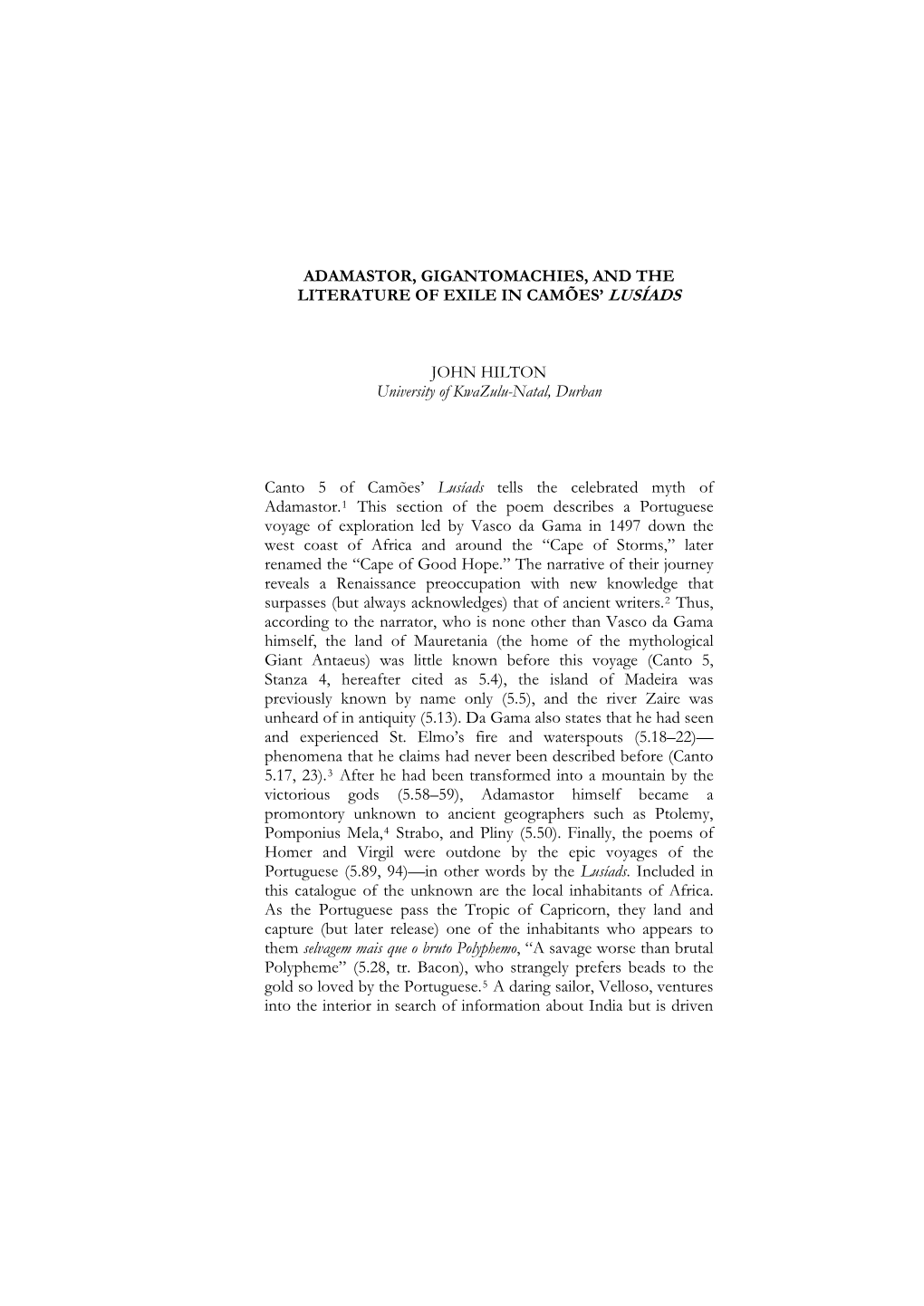 Adamastor, Gigantomachies, and the Literature of Exile in Camões’ Lusíads