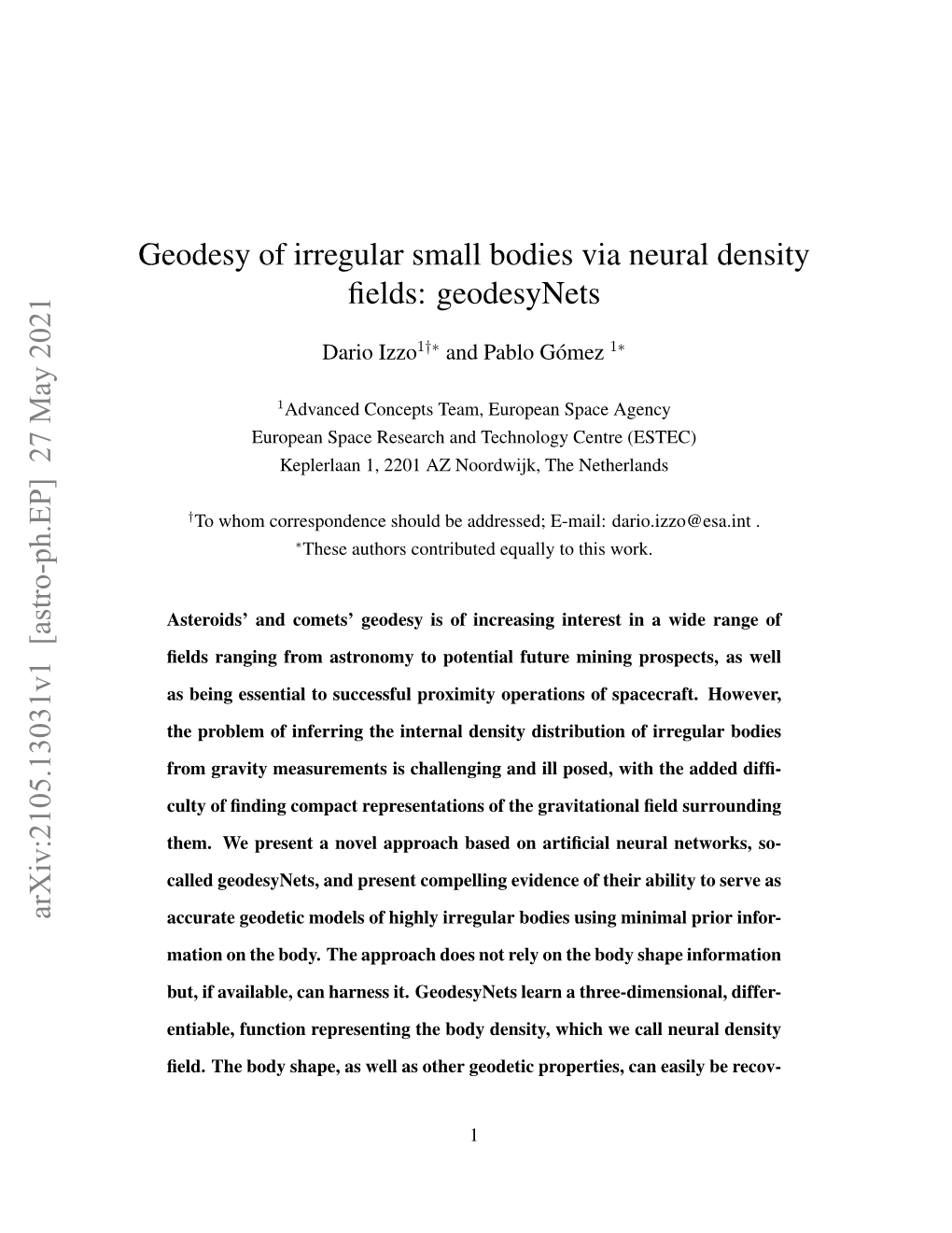 Geodesy of Irregular Small Bodies Via Neural Density Fields: Geodesynets Arxiv:2105.13031V1 [Astro-Ph.EP] 27 May 2021