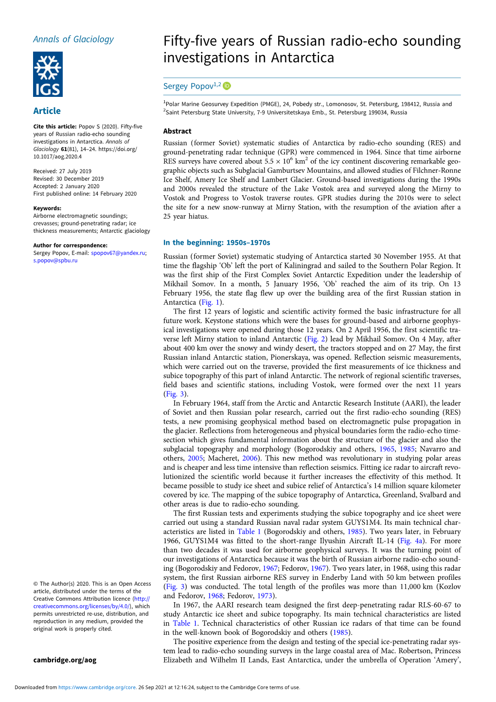 Fifty-Five Years of Russian Radio-Echo Sounding Investigations in Antarctica