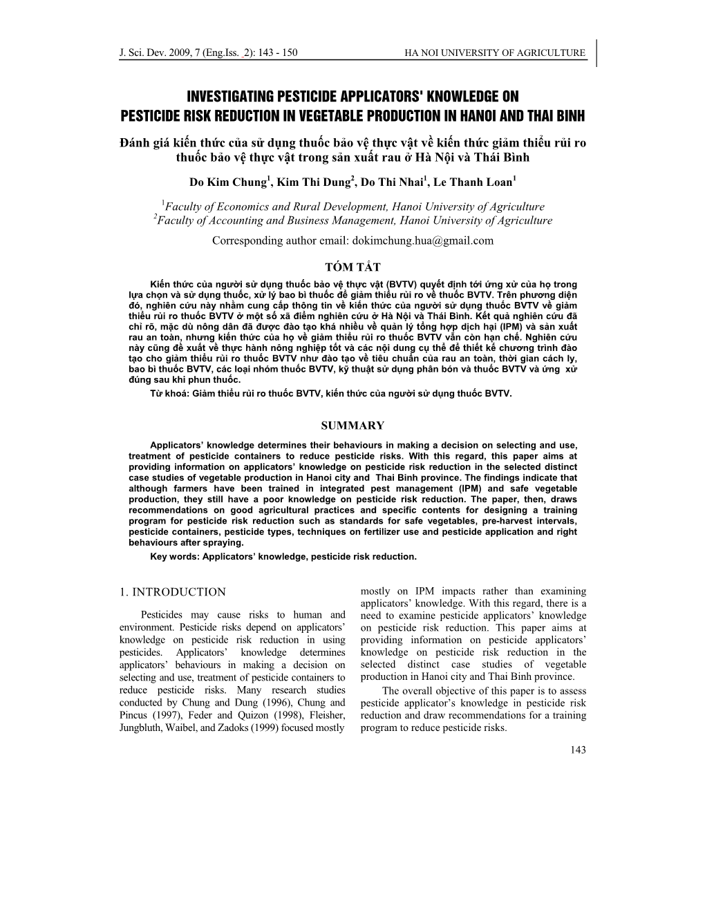 Investigating Pesticide Applicators' Knowledge on Pesticide Risk Reduction in Vegetable Production in Hanoi and Thai Binh