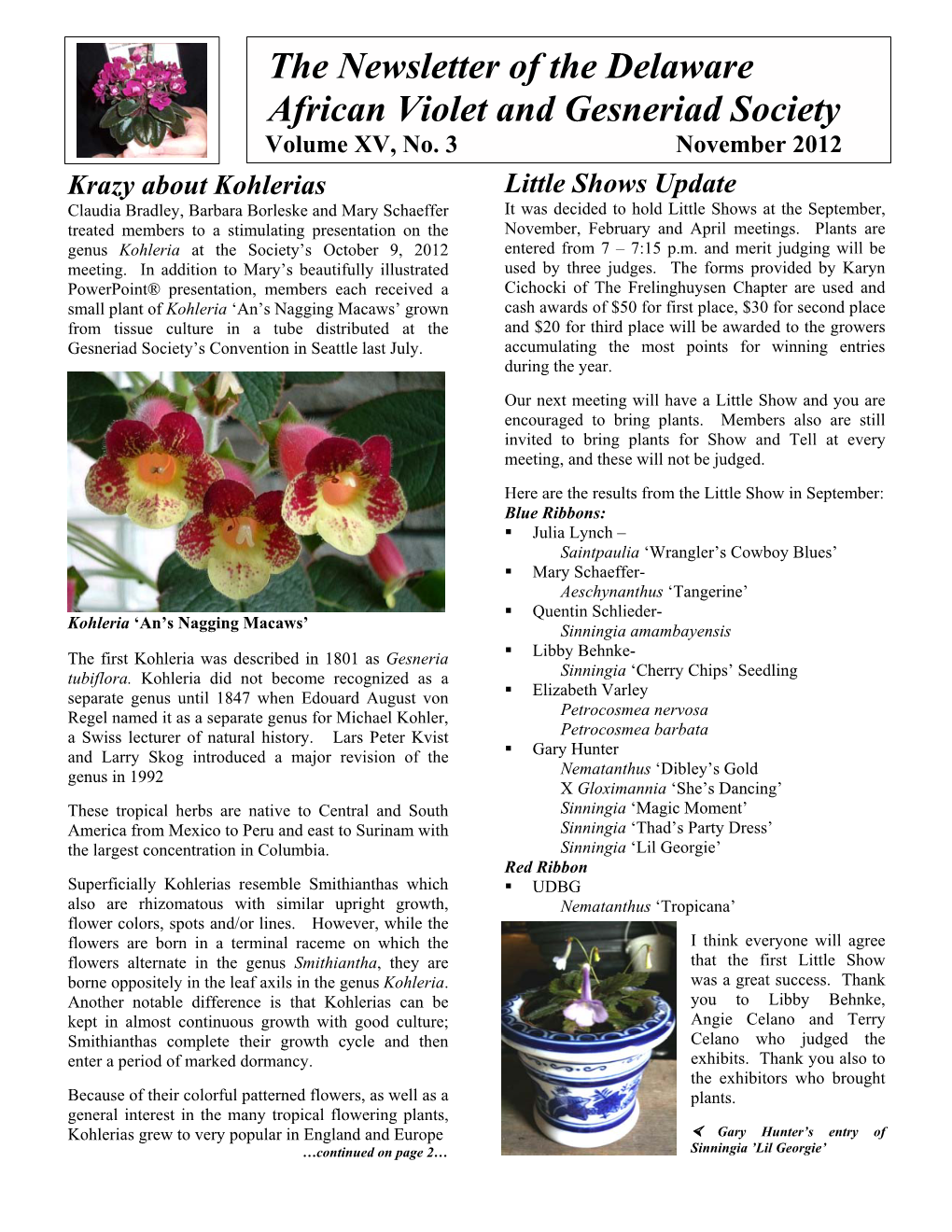 The Newsletter of the Delaware African Violet and Gesneriad Society