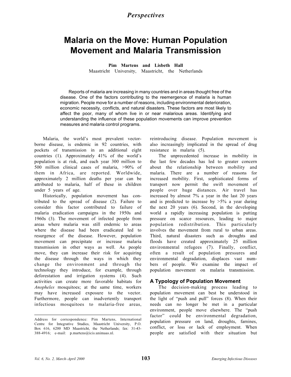 Human Population Movement and Malaria Transmission