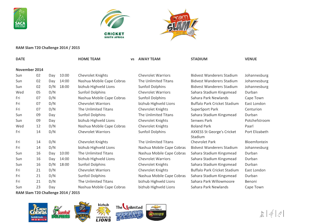 RAM Slam T20 Challenge 2014 / 2015 DATE HOME TEAM Vs AWAY TEAM STADIUM VENUE November 2014 Sun 02 Day 10:00 Chevrolet Knights